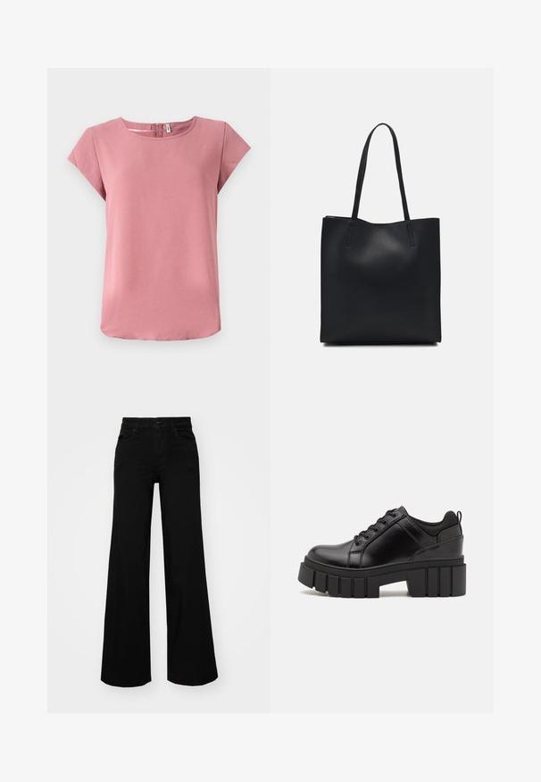 Pink short-sleeve top with a smooth texture, round neckline, and back zipper detail. Features a relaxed fit and curved hem.; Black wide-leg pants made of denim, featuring a structured waistband, belt loops, and front pockets. Smooth texture with a classic design.; Black leather platform shoes with a chunky block heel, round toe, and traditional lace-up design. Features smooth texture and minimal detailing.; Black leather tote bag with smooth texture, rectangular shape, and two long handles. No visible hardware or embellishments.