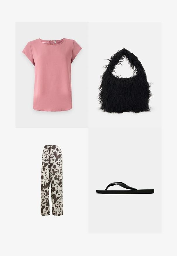 Top rosa a maniche corte con texture liscia, scollo rotondo e dettaglio con zip sul retro. Presenta una vestibilità rilassata e un orlo curvo.; adidas Originals COW PRINT SATIN WIDE LEG - Pantaloni sportivi - multicolor off white; Infradito in gomma nera con cinturino testurizzato e suola piatta semplice, mostrati di lato su uno sfondo chiaro e uniforme.; Even&Odd Shopping bag - black