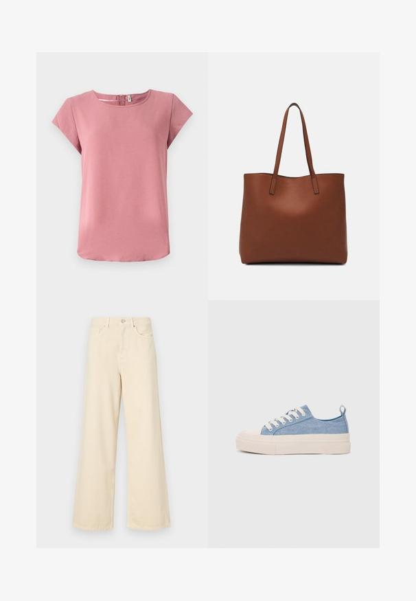 Rozā īsām piedurknēm blūze ar gludu faktūru, apaļu kakla izgriezumu un aizmugurē esošu rāvējslēdzēju. Tam ir brīvs griezums un izliekts apakšmalas dizains.; Bežīgas platpēdas džinses, izgatavotas no kokvilnas. Iekļauj pogu aizdari, jostas cilpas un priekšējos kabatas ar gludu, mīkstu tekstūru.; Gaiši zili kanvas sneakeri ar krēmkrāsas gumijas pirksta aizsargu un ārējo zoli, aprīkoti ar baltām šņorēm un cilpu uz papēža.; Brūna ādas iepirkumu soma ar gludu tekstūru, atvērta augšdaļa un divas plecu siksnas. Izceļas ar minimālām šuvēm un redzamu aparatūru nav.