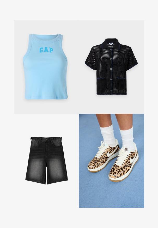 Světle modrý žebrovaný tílko s kulatým výstřihem a logem "GAP" v tučném písmu, má přiléhavý střih a rovný lem.; Černé pletené tričko s krátkým rukávem a síťovaným vzorem, modrý lem na límci a okrajích kapes, s knoflíky vpředu.; Černé džínové šortky s vyšisovaným vzhledem, pěti kapsami, knoflíkovým zapínáním a poutky na opasek. Materiál má hladkou texturu.; Tenisky Nike Air Force 1 s leopardím vzorem, bílé tkaničky a swoosh, s šedou gumovou podrážkou a strukturovaným svrškem. Viditelné bílé ponožky.