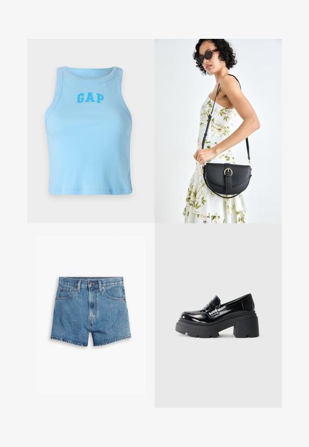 Lys blå ribbet tanktop med en rund halsudskæring og "GAP" logo i fed skrift, med et tætsiddende design og nøjt hæm.; Denim shorts i lyseblå, med fem lommer, lynlås og knappelukning. Kanten er tattered med et afslappet fit design.; Sorte patenterede læder platform loafers med en kraftig gummisål, der har en mokkasin-stil foran og en bred strop-accent over toppen.; Sort læderhåndtaske med en buet form, aftagelig rem og guldfinish. Tasken har en klap med en spænde detalje.