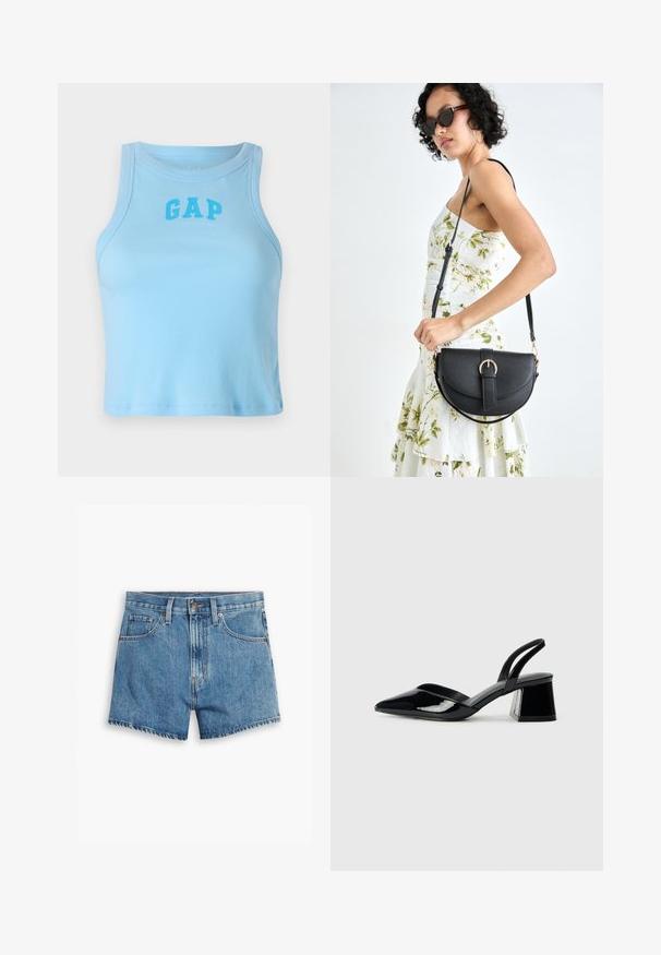 Light blue ribbed tank top with a rounded neckline and "GAP" logo in a bold font, featuring a fitted design and straight hem.; Denim shorts in light blue, featuring five pockets, a zip fly, and a button closure. The hem is frayed with a relaxed fit design.; Black patent leather slingback heels with a pointed toe and a geometric block heel. Features a sleek, minimal design and smooth texture.; Black leather handbag with a curved shape, detachable strap, and gold hardware. The bag features a flap with a buckle detail.