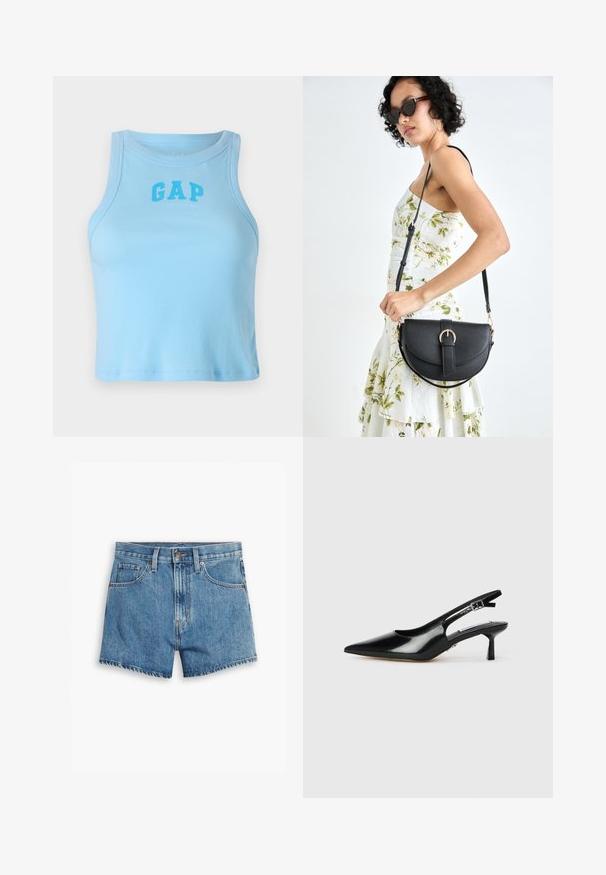 Svijetloplavi rebrasti top bez rukava s okruglim izrezom i logoom "GAP" u podebljanom fontu, s prilagođenim dizajnom i ravnim rubom.; Traper šorts u svijetloplavoj boji, sa pet džepova, rajsferšlusom i kopčanjem na dugme. Rubovi su pohabani, a dizajn je opušten.; Crne lakirane salonke s otvorenom petom i uskim vrhom, tanjim potpeticama i podesivom kopčom. Glatka tekstura s minimalnim detaljima.; Crna kožna torba s lukovitim oblikom, odvojivim remenom i zlatnim detaljima. Torba ima preklop s kopčom.