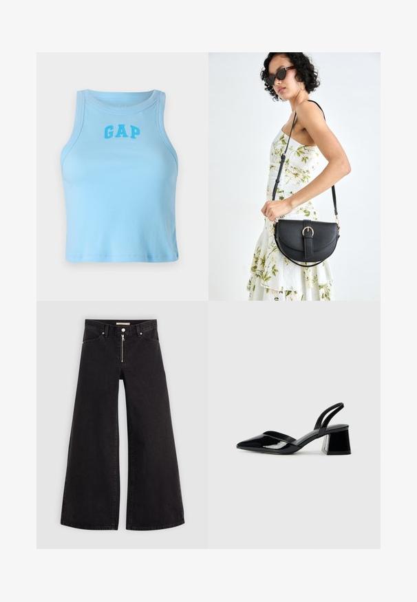 Canotta a righe blu chiaro con scollatura rotonda e logo "GAP" in caratteri in grassetto, caratterizzata da un design aderente e orlo dritto.; Jeans a gamba larga in denim nero con chiusura a zip, design a cinque tasche e dettagli di cucitura sottili. Texture morbida e stile casual.; Décolleté in vernice nera con punta affusolata e tacco in geometria cubica. Presentano un design elegante e minimalista, con una texture liscia.; Borsa a tracolla nera in pelle con una forma curva, manico rimovibile e accessori dorati. La borsa presenta una patta con un dettaglio a fibbia.