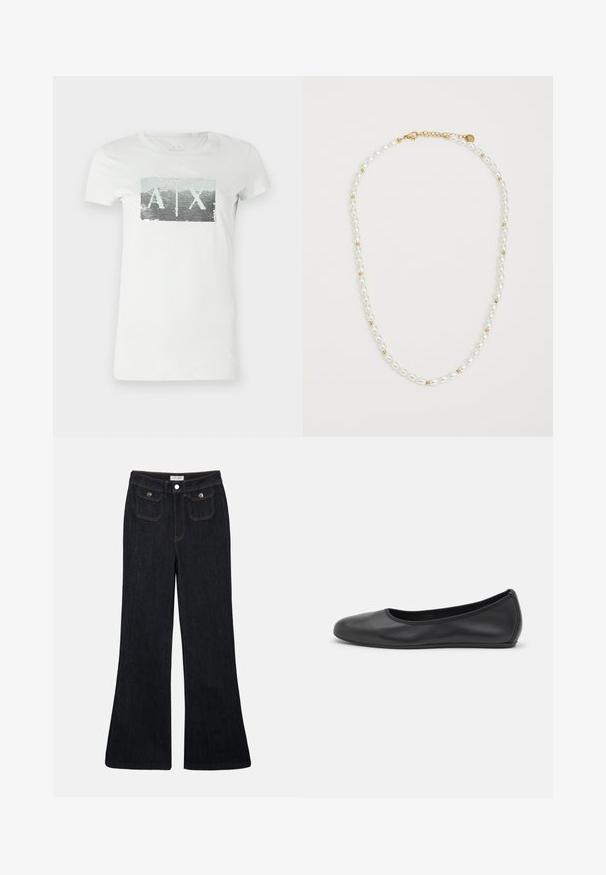 Hvid bomulds t-shirt med en rektangulær pailletgrafik i nuancer af grå og lys grøn med bogstaverne "A" og "X" i midten.; Cremefarvet kortærmet top med smocked tekstur, V-hals og knaplukning. Letvægtsstof med diskrete pufærmer.; Sorte denim jeans med høj talje, flared ben, to frontlommer og orange syninger. Materialet ser solidt og glat ud.; Sort læderballetsko med rund tå, glat tekstur, minimal syning og et fleksibelt såldesign.; Perlekæde med skiftende hvide ovale perler og små guldperler, med en guldspænde til lukning. Glat overflade generelt.