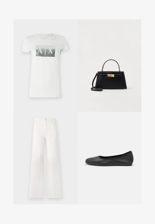 Bílý bavlněný tričko s obdélníkovou výšivkou z flitrů v odstínech šedé a světle zelené, s písmeny "A" a "X" uprostřed.; Bílé džíny s vysokým pasem a širokými nohavicemi vyrobené z denimové látky. Mají zapínání na knoflík, dvě přední kapsy a boční švy se švy.; Černé kožené baletní byty s kulatou špičkou, hladkou texturou, minimálními švy a flexibilním designem podrážky.; Černá kožená kabelka se strukturovaným trapezoidním tvarem, zlatým uzávěrem a kontrastním bílým prošíváním. Obsahuje krátkou rukojeť a dlouhý popruh.
