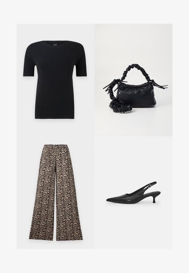 T-shirt nera a maniche corte in morbido cotone, caratterizzata da un colletto rotondo e una vestibilità rilassata, con cuciture minime e senza motivi visibili.; Pantaloni a gamba larga con elastico in vita in una stampa leopardata beige e marrone su sfondo bianco.; Scarpa slingback nera in pelle con punta affusolata e tacco sottile e curvato. Presenta una discreta fascia regolabile con una fibbia in metallo.; Borsa a tracolla in ecopelle nera con texture a coccodrillo, apertura cinchata e tracolla arricciata. Si presenta con un design morbido e compatto.