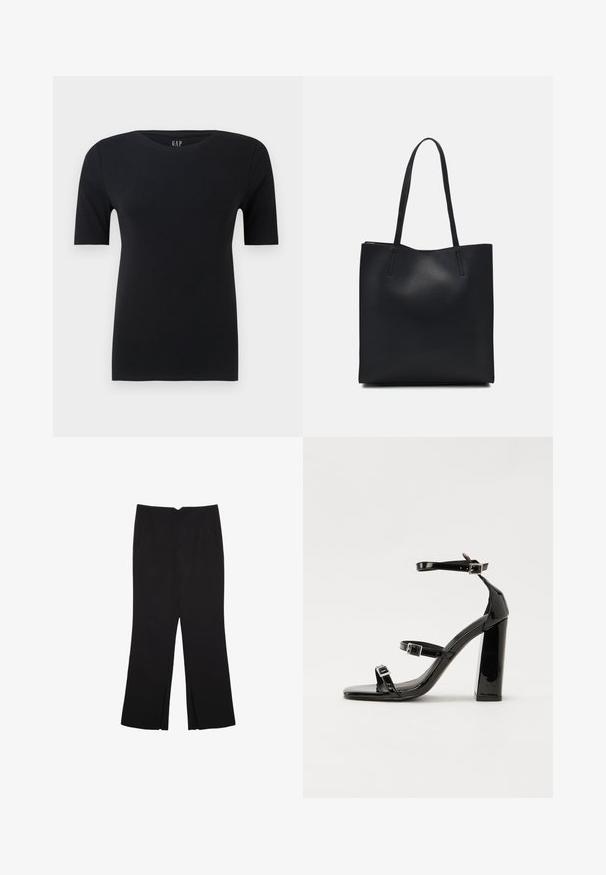 T-shirt nera a maniche corte in morbido cotone, caratterizzata da un colletto rotondo e una vestibilità rilassata, con cuciture minime e senza motivi visibili.; Pantaloni neri a gamba dritta, con tasche frontali e spacchi laterali all'orlo. Realizzati in tessuto morbido e liscio. Adatti a diverse occasioni.; Sandali con tacco in vernice nera, con punta squadrata, cinturini alla caviglia e fibbie in argento. Presentano un tacco a blocco spesso per maggiore stabilità.; Borsa tote in pelle nera con texture liscia, forma rettangolare e due manici lunghi. Nessun hardware o decorazione visibile.