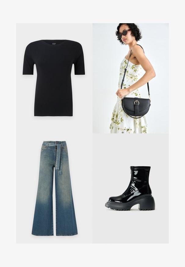 Sort kortærmet T-shirt lavet af blødt bomuld, med rund halsudskæring og en afslappet pasform, med minimale sømme og ingen synlige mønstre.; Bredbens-denimbukser med en lys til mørk blå gradient, høj talje, bælteløkker og et matchende stofbælte. Tekstureret denimfinish.; Glansende sorte platform ankelstøvle med rund tå, kraftig hæl, lynlåslukning og tykk oplevelsesso mod en hvid baggrund.; Sort læderhåndtaske med en buet form, aftagelig rem og guldfinish. Tasken har en klap med en spænde detalje.