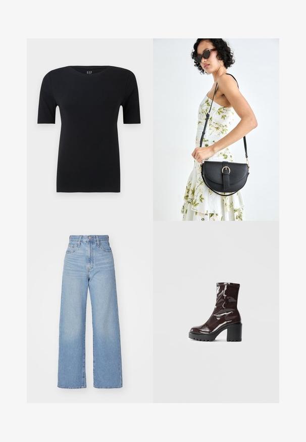 Schwarzes kurzärmliges T-Shirt aus weicher Baumwolle, mit rundem Halsausschnitt und lässiger Passform, mit minimalen Nähten und ohne sichtbare Muster.; Hellblaue High-Waist-Weite-Leg-Jeans mit Knopf- und Reißverschluss vorne, Vorder- und Rückentaschen, auf weißem Hintergrund.; Glatte bordeauxrote Ankle Boots mit einem klobigen schwarzen Absatz, die eine glatte Oberfläche und ein einfaches Design aufweisen. Keine sichtbaren Verschlüsse oder Muster.; Schwarze Lederhandtasche mit geschwungener Form, abnehmbarem Tragegurt und goldenen Beschlägen. Die Tasche verfügt über einen Deckel mit einer Schnallen-Details.