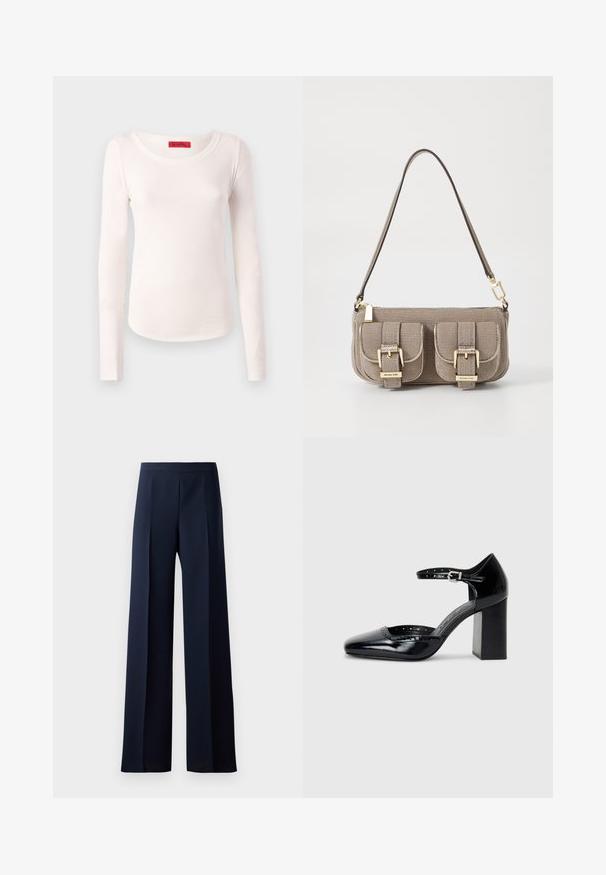 Langärmliges Oberteil aus weichem, leichtem, cremefarbenem Stoff. Mit einem runden Halsauschnitt und einer enganliegenden Form mit minimalen Nähdetails.; Weit geschnittene Hosen aus dunkelblauem Stoff mit einer glatten Textur, subtilen frontalen Falten und einem taillierten Bund für eine schlanke Silhouette.; Schwarze patentierte Leder-High Heels mit quadratischer Zehenform, Knöchelriemchen und dicker Absatz. Enthält durchbrochene Details entlang des Randes.; Beige strukturiertes Handtäschchen mit verstellbarem Tragegurt, zwei vorderen Taschen, die mit Schnallen gesichert sind, und goldenen Metallakzenten. Reißverschlussöffnung oben.