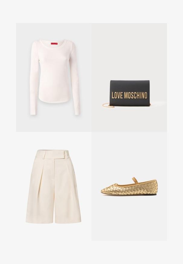 Long-sleeve top in soft, lightweight, off-white fabric. Features a rounded neckline and a fitted shape with minimal stitching details.; Cream-colored tailored shorts with a high waist, pleated front, and a smooth fabric texture. Features wide, cropped legs.; Loeffler Randall LEONIE SOFT BALLET FLAT - Ankle strap ballet pumps - gold; Black leather clutch with a gold "LOVE MOSCHINO" logo, fold-over design, and gold chain strap. Smooth texture and minimalist style.