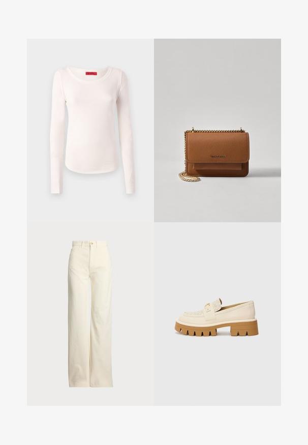 Langsleeve top van zachte, lichte, ongeverfde stof. Heeft een ronde halslijn en een getailleerde vorm met minimale stikdetails.; Polo Ralph Lauren COTTON CORDUROY WIDE-LEG PANT - Broek - warm white; Beige instappers met een gestructureerde crèmekleurige band, voorzien van een chunky bruine zool met tandachtige patronen. Gouden accent op het gespdetail.; Bruine lederen schoudertas met textuur, voorzien van een gouden kettingstrap en klepsluiting. De voorkant heeft een logo-detail en een zak onder de klep.