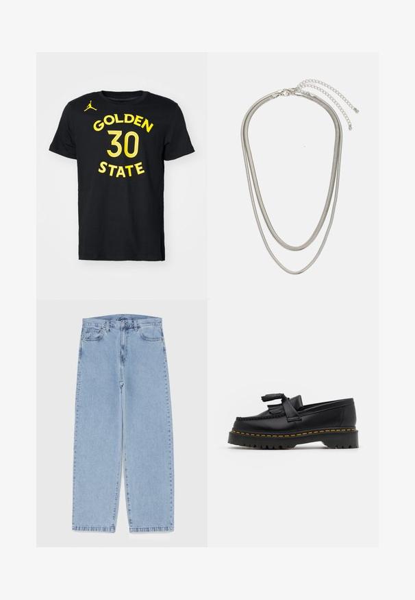 Nike Performance NBA GOLDEN STATE WARRIORS STEPHEN CURRY TEE - Klub merchandise - black; Lyseblå denimjeans med straight leg-design, der har en mid-rise talje, fem lommer og en lukning med knap og lynlås.; Sort læderloafer med en frynsedetalje, der har en kraftig sort sål og gul syninger langs kanten. Teksturert overflade.; Tre-lags sølvmetal halskæde med slanke, flexible kæder med en let glans, sikret med en hummerlås og justerbar kæde.