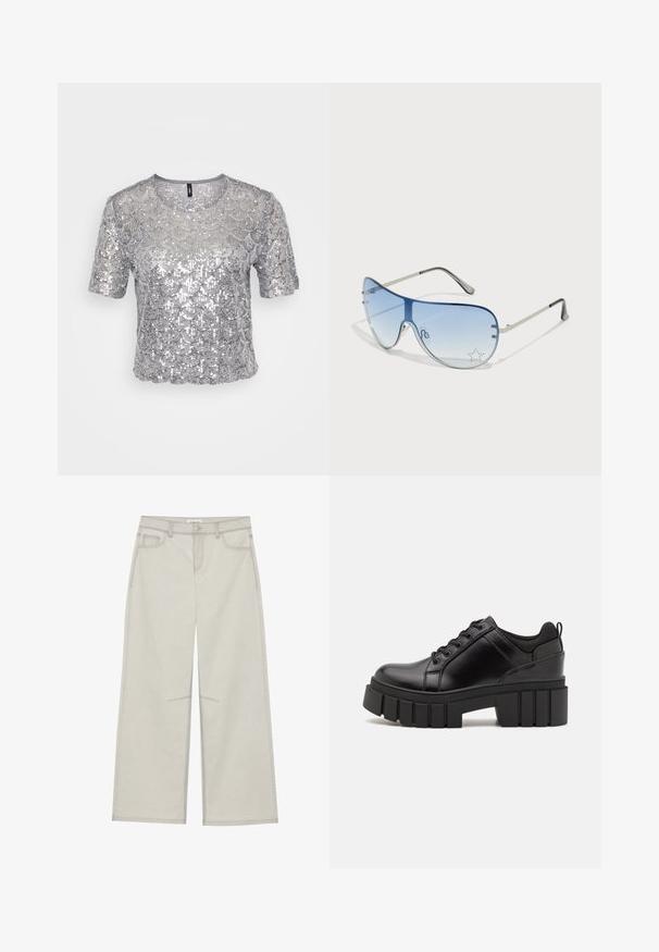 Sudraba īsām piedurknēm tops ar teksturētu dizainu, kurā ir pārklāti pārklājumi no sekvīnēm. Īss, īsāks griezums ar apaļu kakla izgriezumu.; Gaiši pelēkas platās bikses ar piecām kabatām, priekšējo pogu aizdari un kontrastējošiem šuvju ieliktņiem. Audums izskatās mīksts un izturīgs.; Melnas ādas platformas kurpes ar masīvu bloku papēdi, apaļu purngalu un tradicionālu saistīšanas dizainu. Izceļas ar gludu tekstūru un minimālu apdari.; Pilotstila saulesbrilles ar gradienta zilām lēcām, sudraba metāla rāmjiem un dekoratīvām zvaigžņu akcentiem uz lēcām. Gluda un eleganta dizaina.