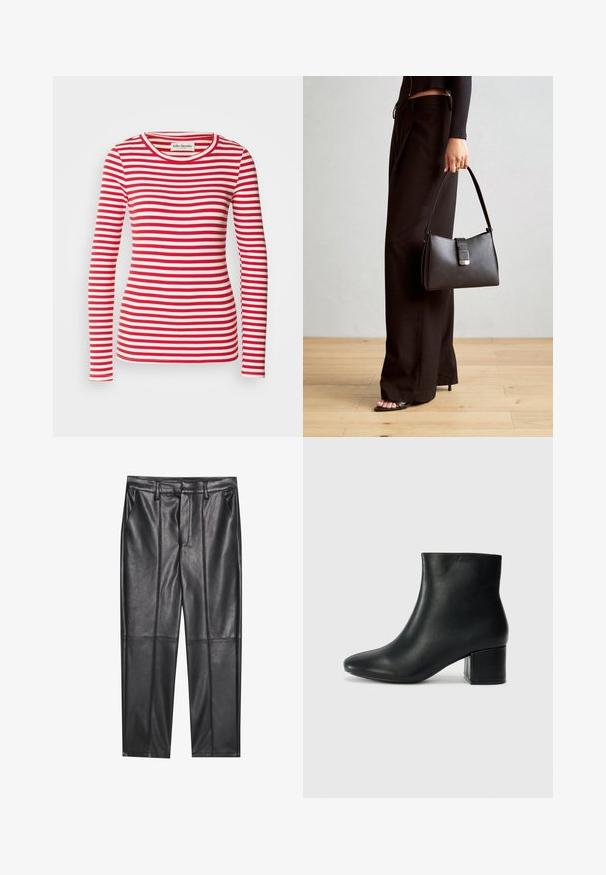 Raudonai ir balti dryžuoti ilgomis rankovėmis marškiniai su apvalia iškirpte. Iš viso paviršiaus matoma raukšlėta tekstūra. Etiketė matoma prie iškirptės.; Juodos odinės kelnės su lygiu tekstūru, tiesaus kirpimo, dviem priekinėmis kišenėmis ir matomomis siūlėmis.; Juodos odinės aulinės botai su smailiu priekiniu pirštu ir storu kulnu. Lygus tekstūra su minimaliomis detalėmis ir elegantišku, tvirtai priglundančiu dizainu.; Juodas rankinė struktūrizuota forma, lygi tekstūra ir metalinis užsegimas. Suporuota su plačiomis juodomis kelnėmis ir atvirais bateliais ant medinių grindų.