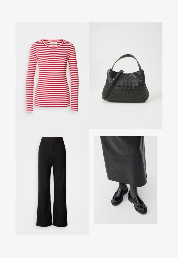 Rood-wit gestreept langemouwtop met een ronde hals. Geribbelde textuur over het hele kledingstuk. Label zichtbaar bij de halslijn.; Zwarte wijde broek met een gladde textuur, hoge taille en een strakke uitstraling. Geen zichtbare zakken of versieringen.; Zwarte leren loafers met een gladde afwerking, voorzien van een decoratieve band, ronde neus en gestructureerde zool. Draagt met een lange zwarte leren rok.; Zwarte geweven leren handtas met een ronde vorm, voorzien van een handvat en een afneembare schouderriem. Gladde textuur en subtiele stiksels.; Zilveren oorbellen in de vorm van een gladde, gepolijste ring. Ronde vorm met een veilige kliksluiting. Lichtgewicht ontwerp, geschikt voor dagelijks gebruik.
