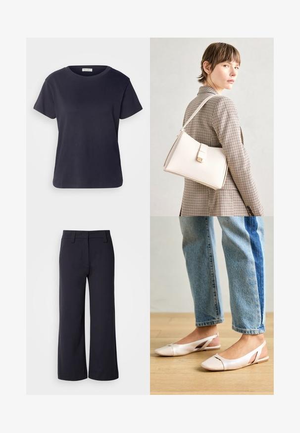 Jūrų mėlynos spalvos medvilnės T-marškiniai su apvalia iškirpte, trumpomis rankovėmis ir laisvu sijonu. Lygus paviršius ir minimalus dizainas, be matomų raštų.; Plati kelnės tamsiai mėlynos spalvos audinio. Yra lygus priekinis dizainas, dirželių kilpelės ir šoninės kišenės. Medžiaga yra lygi su lengvu elastingumu.; Šviesiai rožiniai slingback baleto bateliai su smailiu pirštu, pagaminti iš lygios odai panašios medžiagos. Yra išpjovimų detalės šonuose ir plokščias kulnas.; Balto odos rankinė su struktūrizuotu dizainu, turinti magnetinį užsegimą ir petnešą, demonstruojama prieš neutralią foną.