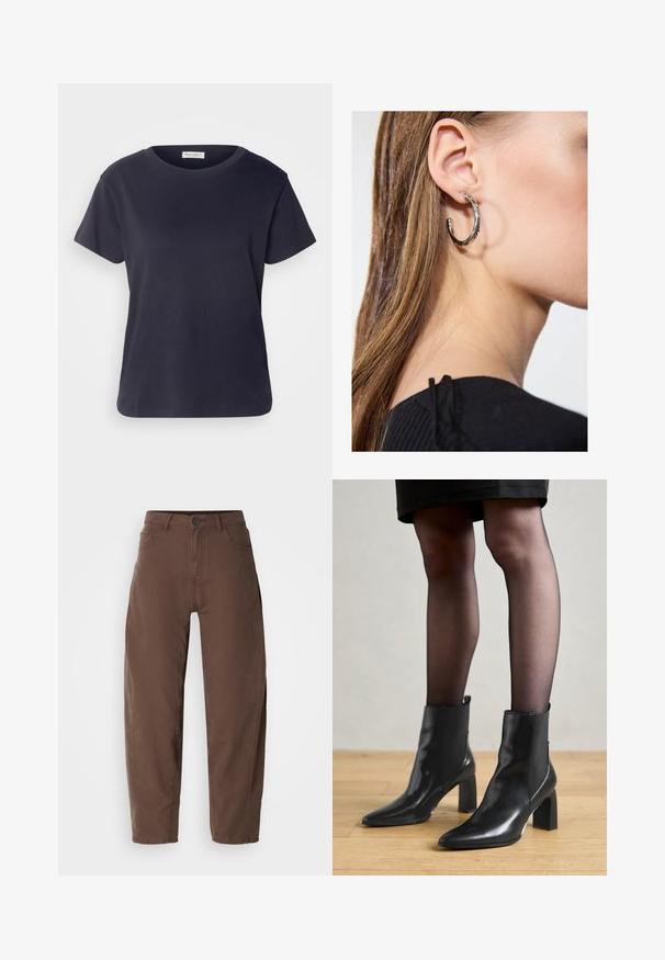 Navy blue cotton T-shirt with a round neckline, short sleeves, and a relaxed fit. Smooth texture and minimalist design, no visible patterns.; Brown straight-leg pants with front button and zipper, belt loops, and side pockets, displayed on a white background.; Black leather ankle boots with a pointed toe, chunky square heel, and sleek design. Features elastic side panels for easy wear.; Silver hoop earring with a polished finish, featuring small gold accent details and a round shape, worn on the lobe.