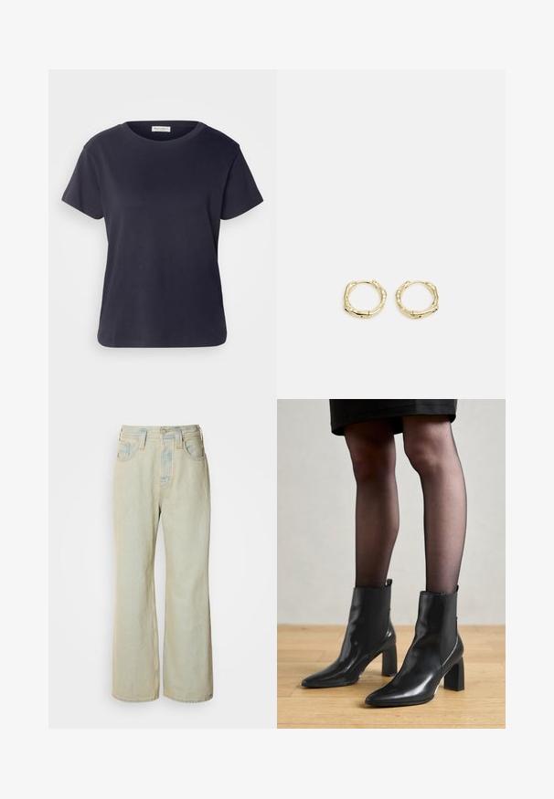 Navy blue cotton T-shirt with a round neckline, short sleeves, and a relaxed fit. Smooth texture and minimalist design, no visible patterns.; Light blue wide-leg jeans made of denim, featuring a high waist, five pockets, and subtle fading with contrasting stitching accents.; Black leather ankle boots with a pointed toe, chunky square heel, and sleek design. Features elastic side panels for easy wear.; Gold hoop earrings with a textured, irregular shape. Features a seamless closure and a polished surface finish, emphasizing a modern design.
