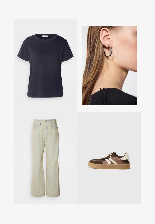 Marineblaues Baumwoll-T-Shirt mit Rundhalsausschnitt, kurzen Ärmeln und lockerer Passform. Glatte Textur und minimalistisches Design, keine sichtbaren Muster.; Hellblaue Schlagjeans aus Denim mit hoher Taille, fünf Taschen und subtilen Ausbleichungen sowie kontrastierenden Nähakzenten.; Braune und cremefarbene Sneakers aus einer Kombination von Wildleder und Satin, mit drei diagonalen Streifen und einer strukturierten Gummisohle.; Silberne Creolen mit polierter Oberfläche, die kleine goldene Akzentdetails und eine runde Form aufweisen, am Ohrläppchen getragen.