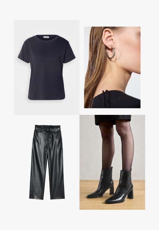 Námorníckomodrá bavlnená tričko s okrúhlym výstrihom, krátkymi rukávmi a voľným strihom. Hladká textúra a minimalistický dizajn, žiadne viditeľné vzory.; Čierne nohavice z faux kože s širokými nohavicami, elastickým, riaseným pásom a odnímateľným opaskom. Hladká textura a minimálny lesk.; Čierne kožené členkové topánky s špicatou špičkou, robustný štvorcový opätok a elegantný dizajn. Obsahujú elastické bočné panely pre jednoduché obúvanie.; Strieborná kruhová náušnica s lesklým povrchom, obsahujúca malé zlaté akcenty a okrúhly tvar, nosená na lalôčiku ucha.