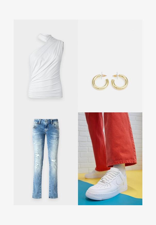 Abercrombie & Fitch BARE MOCK - Tops - brilliant white; Gai zilu džinsu bikses ar brīvu piegriezumu, kas iekļauj nolietotus elementus, pogu rāvējslēdzēju ar divām pogām un taisnām kājām.; Baltās ādas kedas ar perforētu purngalu, teksturētu zoli un baltām auklām, apvienotas ar platām sarkanām biksēm un zilu un dzeltenu fona.; Zelta auskari ar gludu, spīdīgu apdari. Apaļš dizains, kas ietver mazu tapu un caurspīdīgu pamatni drošai valkāšanai.