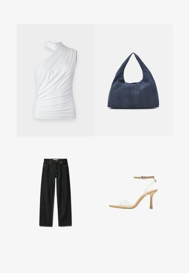 Abercrombie & Fitch BARE MOCK - Linne - brilliant white; Mörka denimjeans med rak passform, knappstängning i brons och kontrasterande gula sömmar. Har fem fickor och en klassisk passform.; Klart häl sandal med en transparent ovandel, beige fotbädd och en smal ankelrem. Har en spetsig tå och en tunn hög klack.; Mörkblå denimväska med en mjuk, slapp form, som har ett hobo-inspirerat handtag och en texturerad yta. Inga synliga metallaccenter.