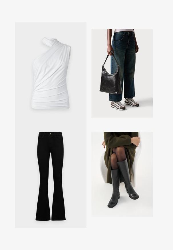 Abercrombie & Fitch BARE MOCK - Tops - brilliant white; Melni augsta jostas šorti ar pogu un rāvējslēdzēju, priekšējām kabatām un izplestām kājām, nolikti uz balta fona.; Ceļgalu augstuma melni ādas zābaki ar kvadrātu purngalu un bloku papēdi, attēloti modelī, kurš sēž olīvu zaļā mētelī. Gluda tekstūra, minimāla apdare.; Melna ādas pleca soma ar gludu tekstūru un regulējamu siksnu, saskaņota ar izbalējušām platām biksēm un sportiskām kedām.