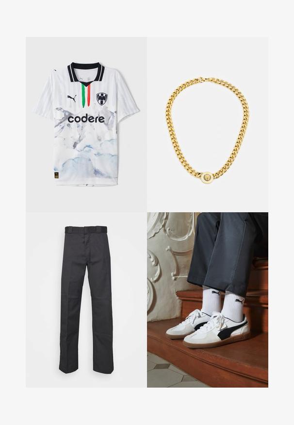 Bela nogometna majica s črnimi akcenti, ki ima črtast vzorec in vodno barvano gorsko zasnovo. Vključuje zeleni, bel in rdeč vertikalni trak.; Črne hlače iz trpežnega blaga, z ravnim krojem, pasom z zankami za pas in šivi za dodano teksturo.; Puma superge v beli in črni usnjeni izvedbi, sročene s rjavim gumijastim podplatom. Usklajene z belimi nogavicami z črnim logotipom, nosijo se s temnimi hlačami.; Zlata verižica z velikimi medsebojnimi povezavami, ki ima v središču krožni obesek z izbočenim grbom.