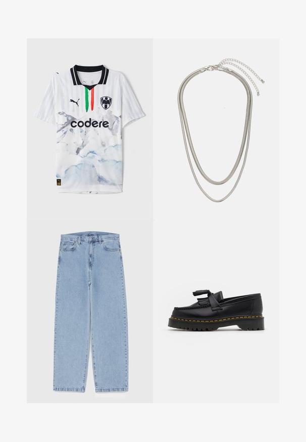 Hvit fotballtrøye med svarte detaljer, med stripete mønster og akvarell fjelldesign. Inkluderer grønne, hvite og røde vertikale striper.; Lyseblå denimjeans med rett ben-design, med mid-rise liv, fem lommer og knap og lynlås lukning.; Svart skinn loafers med en kvastdetalj, med en tjock svart sula och gul sömnad längs kanten. Texturerad yta.; Tre-lags sølvmetallkjede med elegante, fleksible kjeder med en svak glans, sikret med en krabbe-lås og justerbar kjede.