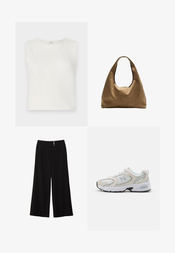 Bijela uska bezrukavna majica izrađena od glatkog materijala, s okruglim izrezom i minimalističkim dizajnom s GAP logom centrira na vrhu.; Crne široke hlače s ravnim pojasom, s dva dugmeta kao ukras sprijeda i bočnim džepovima za funkcionalnost. Glatka tekstura.; Atletska obuća s gornjim dijelom od svijetlosivog mrežastog materijala s nijansama antilopa, bijelim vezicama i crnom gumenom potplatom. Značajna ABZORB amortizacija.; Smeđa platnena torba za rame s širokim, zaobljenim tijelom i velikim izrezanim drškom. Mekana tekstura, minimalistički dizajn i bez vidljivog hardvera.