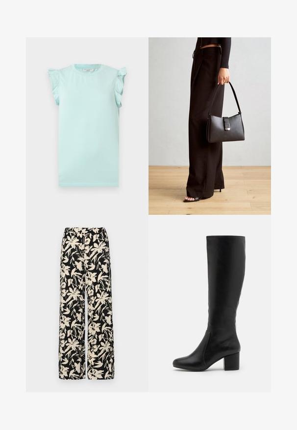 Svetlo tyrkysové bavlnené tričko s krátkymi volánovými rukávmi, okrúhlym výstrihom a rovného lemu. Hladká textúra, jednoduchý dizajn, bez vzorov alebo grafiky.; Čierne nohavice s širokými nohavicami a krémovým kvetinovým vzorom. Vyrobené z ľahkej látky, s hladkou textúrou a vysokým pásom.; Čierne kožené čižmy po kolená s hladkým povrchom, zaoblenou špičkou, bočným panelom a masívnym blokovým opätkom.; Čierna kabelka so štruktúrovaným tvarom, hladkou textúrou a kovovou sponou. V kombinácii so širokými čiernymi nohavicami a sandálmi s otvorenou špičkou na drevenej podlahe.