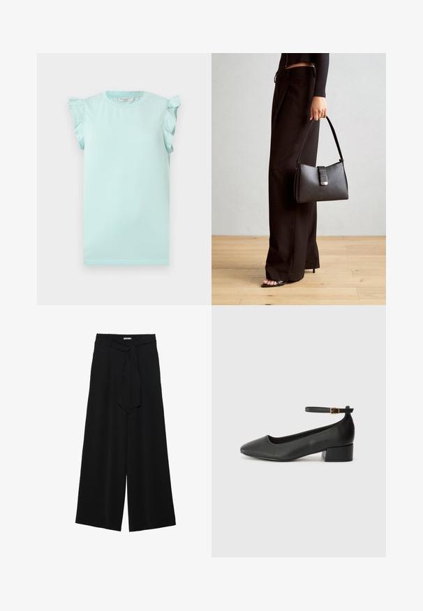 Hele sinise tooni puuvillane T-särk lühikeste voltidega varrukatega, ümmarguse kaelusega ja sirge helmega. Sile tekstuur, lihtne disain, ilma mustrite või graafikata.; Mustad laiad püksid, millel on tekstureeritud kangas, elastne vöökoht ja eemaldatav pael vööst, et reguleerida sobivust.; Must mustaapp, millel on terav nina ja madal blokk-kand. Omab pahkluu rihma koos kuldse tooni pandlaga. Sile tekstuur.; Must musta kott, millel on struktureeritud kuju, sile tekstuur ja metallist klamber. Kombineeritud laiate mustade pükstega ja avatud varvaste sandaalidega puidust põrandal.