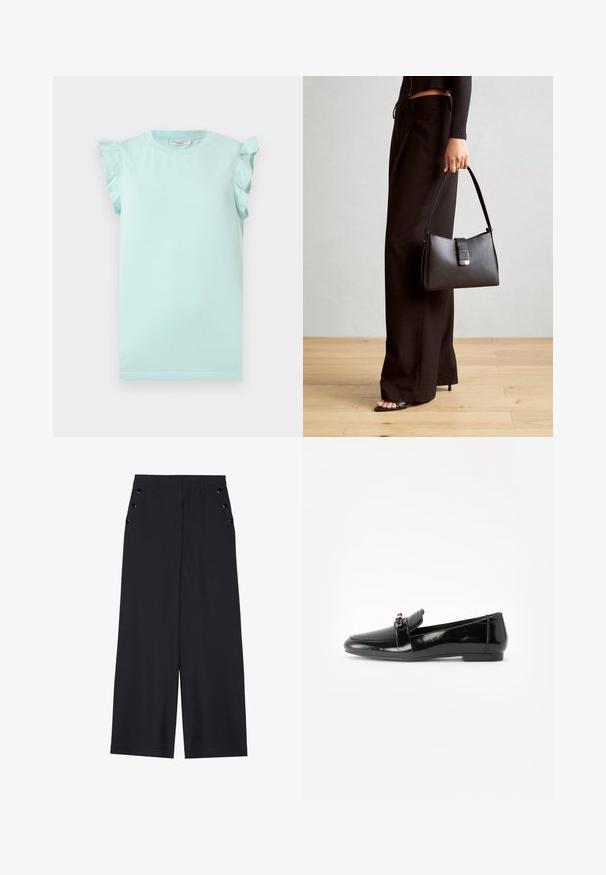 Gaišā teal krāsa kokvilnas T-krekls ar īsām viļņotām piedurknēm, apaļu apkakli un taisnu apakšmalu. Gluda tekstūra, vienkāršs dizains, bez rakstiem vai grafikām.; Platīsara bikses tumši zilā audumā, kurām ir gluda tekstūra, priekšējie kroki un dekoratīvi zeltaini acs pie sānu kabatām.; Melns lakots ādas loafers ar plakanu zoli, apaļu purngalu un dekoratīvu jostu ar zelta toņa akcentu. Gluda, spīdīga apdare.; Melnā somiņa ar strukturētu formu, gludu tekstūru un metālu sprādzi. Saskaņota ar platām melnām biksēm un sandālēm ar atvērtu purngalu uz koka grīdas.