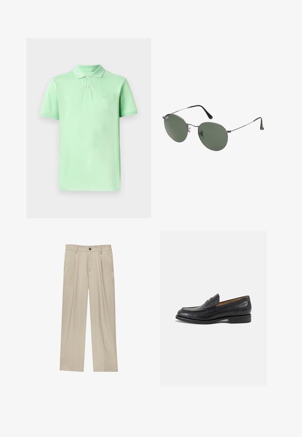 Světle zelená polo tričko vyrobené z bavlny, s klasickým límcem, tříknoflíkovou légou a vyšitým logem značky na levé straně hrudi.; Béžové kalhoty klasického střihu, se jedním černým knoflíkem, poutky na opasek a bočními kapsami. Hladká textilie a minimalistický design.; Černé kožené mokasíny s hladkým povrchem, zaoblenou špičkou a dekorativním prošíváním na svršku. Nízký podpatka a mírný lesk.; Sluneční brýle s kovovým rámem a oválnými zelenými skly. Tenký stříbrný kovový rám a černé chrániče uší. Minimalistický design, žádné viditelné logo.