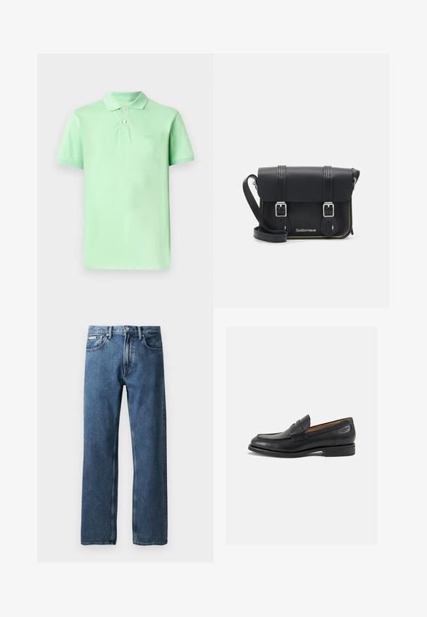 Svetlozelené polo tričko vyrobené z bavlny, s klasickým golierom, trojčlánkovou légou a vyšitým logom značky na ľavej strane hrude.; Modré džíny s rovnými nohavicami a vysokým pásom, so zapínaním na gombík a zips, prednými vreckami a malou bielou značkovou nálepkou na pravom vrecku.; Čierne kožené mokasíny s hladkým povrchom, zaoblenou špičkou a dekoratívnym prešívaním na prednej časti. Nízky kokteilový opätok a jemný lesk.; Čierna kožená crossbody taška s preklopom, dvoma striebornými prackami, žltým prešívaním a nastaviteľným popruhom. Vyznačuje sa hladkou textúrou a kompaktným dizajnom.