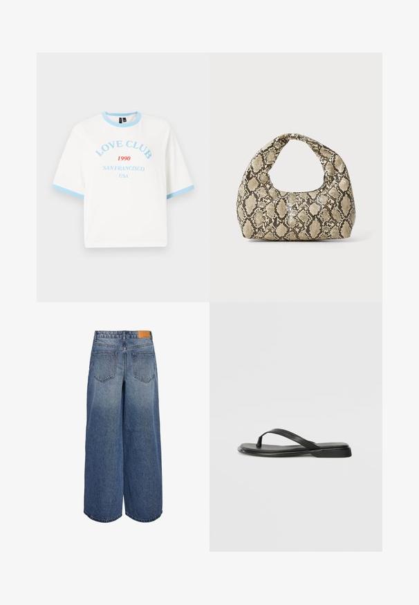 Λευκό κοντό T-shirt με μπλε ριγέ γιακά και μανίκια. Φέρει εκτύπωση "LOVE CLUB" και "SAN FRANCISCO 1990" σε μπλε και κόκκινο χρώμα.; Φαρδιές τζιν culottes σε μεσαίο μπλε χρώμα με ξεθωριασμένη υφή, διαθέτοντας δύο πίσω τσέπες και μία καφέ δερμάτινη ετικέτα μάρκας στη μέση.; Μαύρο σχέδιο σαγιονάρας από λείο δέρμα, με λεπτό σχέδιο ιμάντα και επίπεδη σόλα με μίνιμαλ προφίλ. Χωρίς αξιοσημείωτα σχέδια ή αξεσουάρ.; Τσάντα σε σχέδιο φίδι με καμπυλωτή λαβή. Φτιαγμένη από υλικά με υφή, σε μπεζ και καφέ αποχρώσεις, με ξεχωριστό διαμαντένιο σχέδιο.