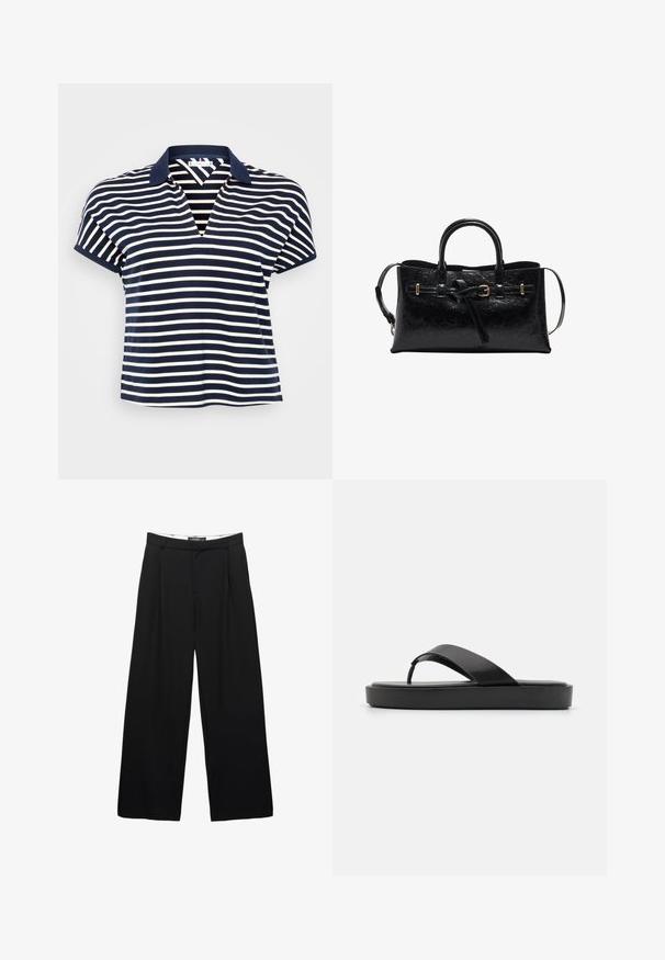 Polo tričko s námorníckymi a bielymi prúžkami, s výstrihom do V, krátkymi rukávmi a pevným námorníckym golierom. Mäkka tkanina s voľným strihom.; Široké čierne nohavice vyrobené z hladkej tkaniny. Obsahuje predné skladby, pás s poutkami na opasok a upravený strih.; Čierne žabky s hladkým horným pásikom a textúrovanou platformou. Minimalistický dizajn s nízkym profilom.; Čierna kožená kabelka s textúrovaným povrchom, štruktúrovaným tvarom, dvojitými rukoväťami a odnímateľným ramenným popruhom. Doplnky v zlatej farbe.; Strieborné kovové náušnice s vlnitým, sochárskym dizajnom, s lešteným povrchom a nepravidelnými tvarmi, ktoré zvýrazňujú súčasnú estetiku.