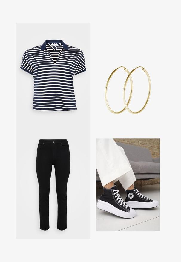 Granatowo-biała koszulka polo w paski z dekoltem w serek, krótkimi rękawami i jednolitą granatową kołnierzykiem. Miękki materiał i luźny krój.; Czarne dżinsy typu slim fit, pięć kieszeni, z przodem na guzik i minimalnym rozciąganiem dla komfortu. Płaska, gładka tekstura z minimalnymi detalami.; Czarne trampki typu high-top z białą gumową podeszwą i sznurowadłami. Posiadają okrągłe logo z boku oraz kontrastujące białe szwy.; Złote kolczyki w formie obręczy z gładkim, zaokrąglonym wzornictwem o błyszczącym wykończeniu. Lekka konstrukcja z bezpiecznym zapięciem.