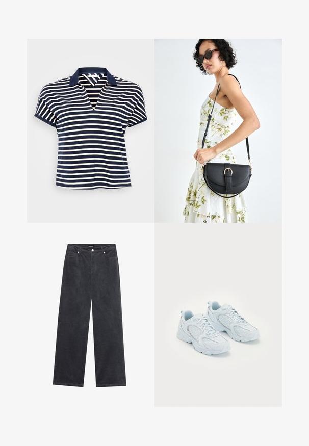 Sötétkék és fehér csíkos póló ing V-nyakkal, rövid ujjal és egyszínű sötétkék gallérral. Puha anyag, laza szabású.; Széles lábú nadrág sötét szürke kordbársonyból, gombos zárással, négy zsebbel és puha textúrájú befejezéssel.; Világoskék sportcipők hálós és szintetikus felsőrésszel, fehér pöttyökkel és fényvisszaverő elemekkel, fűzős kialakítással és párnázott talppal.; Fekete bőrtáska ívelt formával, levehető pánttal és arany színű fémrészekkel. A táskán egy csattal díszített fedél található.