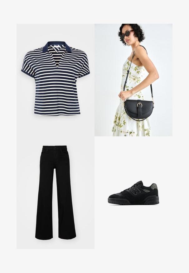 Marinblå og hvid stribet polo skjorte med v-hals, korte ærmer og en ensfarvet marinblå krave. Blødt stof med en afslappet pasform.; Sorte bukser med bred benvidde lavet af denim, med en struktureret talje, bæltesløjfer og forlommer. Glat tekstur med et klassisk design.; Sorte lavtop sneakers med struktureret sål, snørebåndsdesign, ruskindsindlæg og mønstrede detaljer på hælen og logen på siden.; Sort læderhåndtaske med en buet form, aftagelig rem og guldfinish. Tasken har en klap med en spænde detalje.