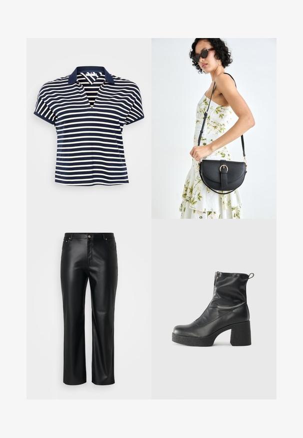 Marineblau und weiß gestreiftes Polohemd mit V-Ausschnitt, kurzen Ärmeln und einem einfarbigen marineblauen Kragen. Weicher Stoff mit lockerer Passform.; Schwarze Imitat-Lederhosen mit geradem Schnitt, ausgestattet mit Gürtelschlaufen, Fronttaschen und einem Reißverschluss mit Knopfverschluss. Glatte Textur.; Schwarze Stiefeletten aus glattem Leder mit seitlichem Reißverschluss, klobigem strukturiertem Absatz und runder Zehenform.; Schwarze Lederhandtasche mit geschwungener Form, abnehmbarem Tragegurt und goldenen Beschlägen. Die Tasche verfügt über einen Deckel mit einer Schnallen-Details.