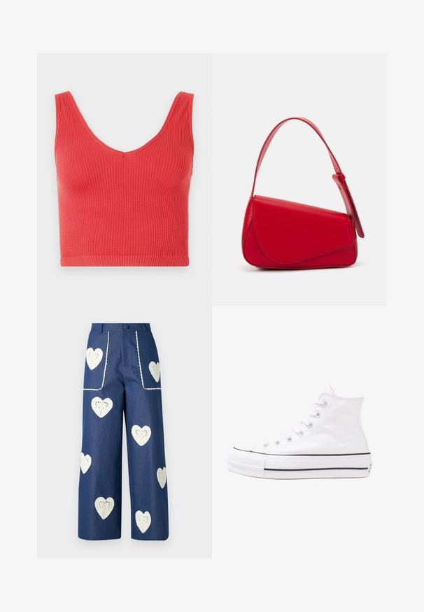 Κόκκινο ριμπ crop top με βαθύ V ντεκολτέ και φαρδιές τιράντες. Το ύφασμα έχει μια διακριτική υφή, με εφαρμοστή σιλουέτα και καθαρό στρίφωμα.; Sister Jane HEART TO HEART - Straight leg jeans - blue denim; Λευκό ψηλό καμβαδάκι αθλητικό παπούτσι με μαύρη καουτσούκ σόλα, πρόσθιο καουτσούκ καλύμματος δακτύλου και έξι οπές για κορδόνια, με μια καθαρή και μίνιμαλ σχεδίαση.; Κόκκινη δερμάτινη τσάντα χειρός με γωνιακό, γεωμετρικό σχέδιο. Διαθέτει έναν ρυθμιζόμενο ιμάντα και κλείσιμο με καπάκι που έχει ραφές.