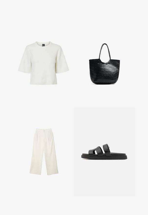 Biely, krátky rukáv s textúrovaným, rebrovaným vzorom a okrúhlym výstrihom. Vyrobený z jemného materiálu. Skrátená dĺžka.; Široké nohavice z krémovej látky s hladkou textúrou, s jedným predným gombíkom, jemnými skladmi a vysokým pásom.; Čierne kožené sandále s dvoma širokými popruhmi, otvorenou špičkou a hrubou čiernou gumovou podrážkou s textúrovaným, ryhovaným vzorom.; Čierna pletená taška s okrúhlym vrchom, bočnými švami a dvoma ušami z vrkočov. Obsahuje textúrovaný vzor a priestranný interiér.