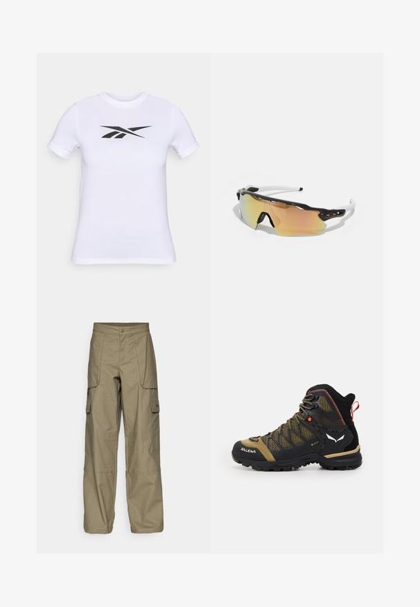 Baltas īsām piedurknēm T-krekls no gludas auduma, ar lielu melnu logotipu centrā. Vienkārša apaļa kakla izgriezums.; Olīvzaļa auduma cargo bikses, kurām ir brīva piegriezuma, vairākas sānu kabatas un pogu aizdare jostasvietā. Gluda tekstūra.; Vidēji augsti pārgājienu zābaki melnā un olīvu zaļā krāsā, ar acs augšdaļu, gumijas zoli un teksturētām akcentiem, kā arī aizmugurējo cilpu.; Saulesbrilles ar melnbaltu rāmīti, lielām spoguļlēcām zeltainos un rozā toņos, aerodinamisku dizainu un paplašinātu ārējo mali.