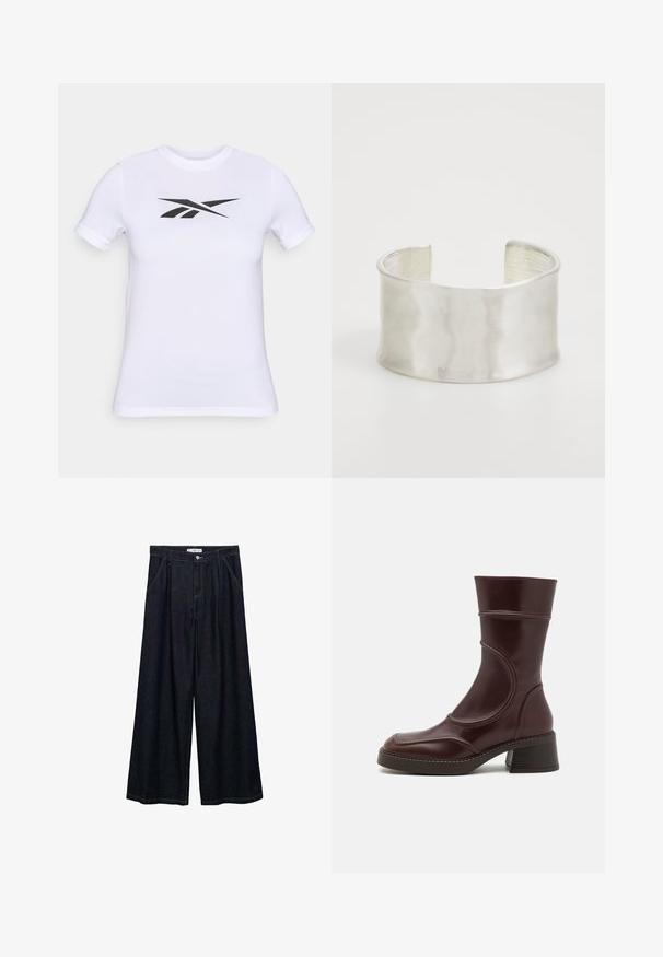 Bijela majica kratkih rukava od glatkog materijala, s velikim crnim logotipom na sredini. Jednostavan округлый izrez.; Tamno plave široke traperice visokog struka, koje imaju prednje kopčanje na dugme, dva bočna džepa i detalje šivanja.; MIISTA MALENE - Klasične gležnjače - brown; Zign Narukvica - silver-coloured