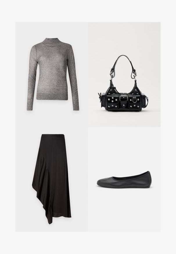 Grauer Rollkragenpullover mit langen Ärmeln, aus einem funkelnden Strickstoff gefertigt. Verfügt über eine taillierte Passform und einen gerippten Kragen.; AERON ASTER SKIRT - Bleistiftrock - black; Schwarze Leder-Ballettschuhe mit abgerundeter Spitze, glatter Textur, minimalen Nähdetails und einem flexiblen Sohlen-Design.; Schwarze Lederhandtasche mit einem geschwungenen Design, verziert mit silbernen Nieten, einer Schnalle und zwei seitlichen Taschen. Verstellbarer Träger für verschiedene Tragemöglichkeiten.