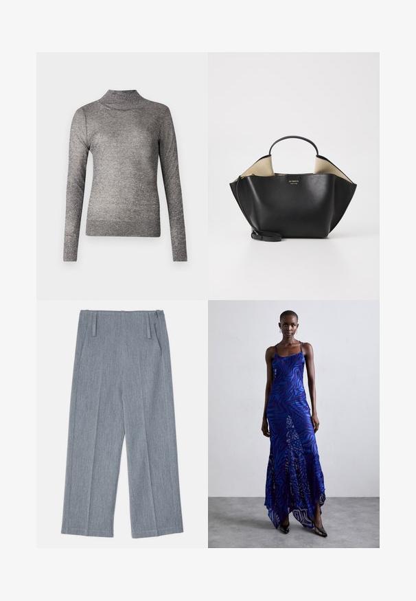 Pelēks augstais kakls džemperis ar garām piedurknēm, izgatavots no spīdīgas trikotāžas auduma. Tam ir pieguļošs dizains un ribota apkakle.; Gai pelēki, platā kāju bikses, kas izgatavotas no teksturēta auduma, ar diviem priekšējiem krokām un divām sānu kabatām. Tīrs, šūts dizains.; Zila un violeta dzīvnieku raksta maxi kleita ar plāniem plecu siksnām, pieguļošu augumu, izplestu apakšdaļu un caurspīdīgu dekoratīvo kārtu.; Ree Projects ANN TOTE MINI - Rokassoma - black