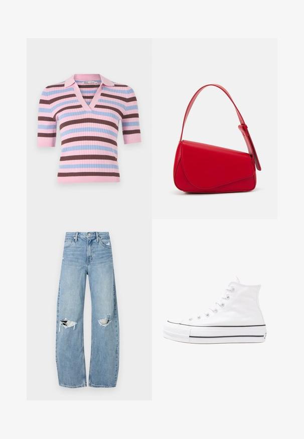 Trumpas rankovėmis, gofruoto trikotažo marškiniai su V formos kaklu, kuriuose pakaitomis dryžuoti rožinės, mėlynos ir rudos spalvos. Apykaklė šviesiai rožinė.; Šviesiai mėlynos, aukštu juosmeniu džinsai pagaminti iš džinsinio audinio. Turi plačias kojų kelnes, dvi suplėšytas kelio vietas ir klasikinį penkių kišenių dizainą.; Balti aukštakulniai drobės sportbačiai su juodu guminio pado, priekinio guminio piršto dangteliu ir šešiais akytėmis raištams, pasižymintys švariu, minimalistiniu dizainu.; Raudona odinė rankinė su kampuota, geometrine forma. Pasižymi viena reguliuojama dirželiu ir dangteliu su siuvinėtais dekoracijomis.